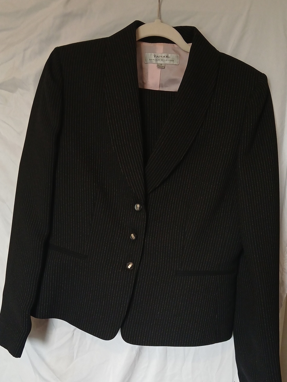 Tahari Black Pinstripe Blazer Pink Lining and SkirtFun Ruffle Bottom Edge